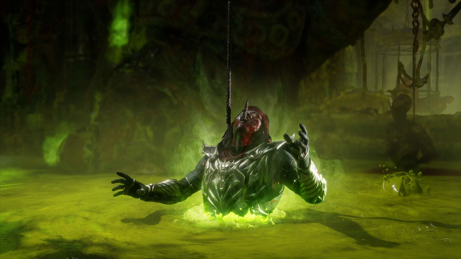 Una persona sommersa in liquido verde, con le braccia tese. La scena sembra un dungeon.