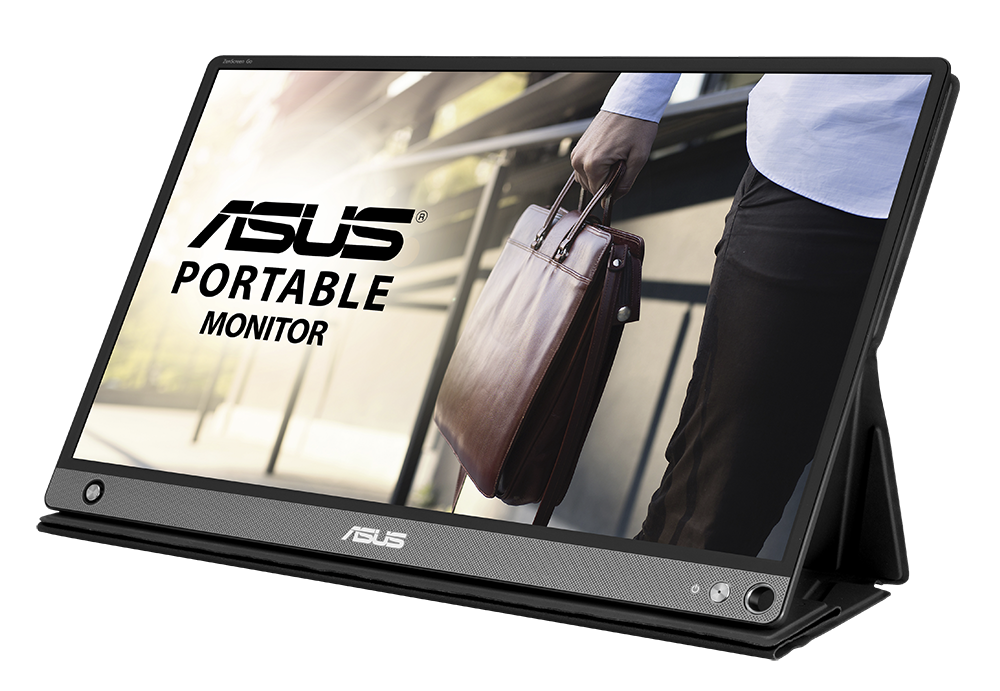 ASUS portable monitor. Display shows a person holding a brown briefcase. ASUS logo visible. Background features blurred cityscape.