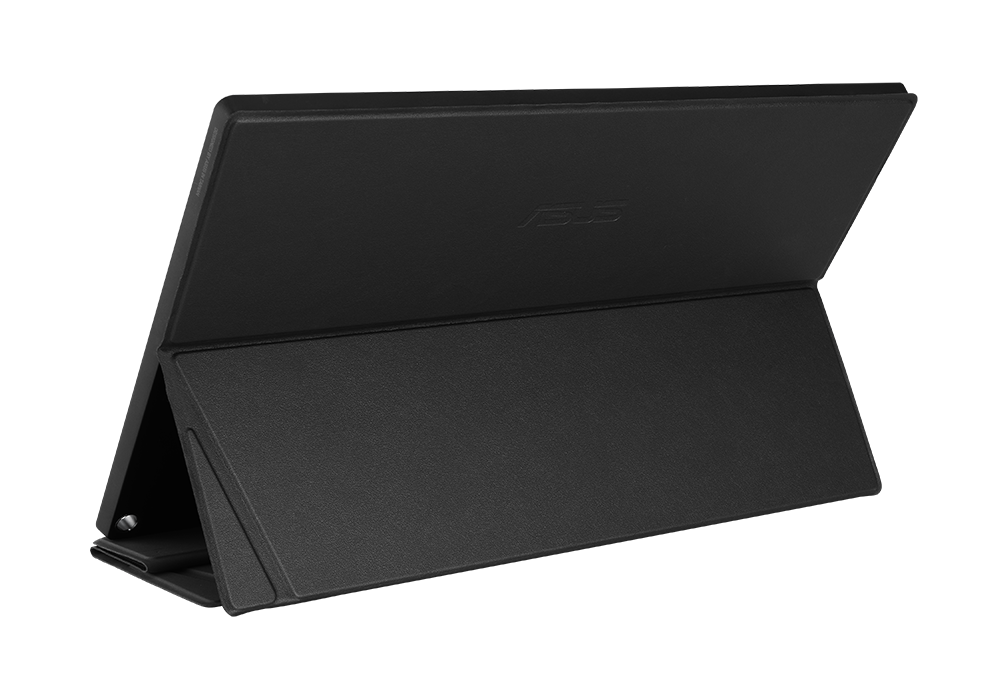 Black tablet cover, open and angled, with an ASUS logo.