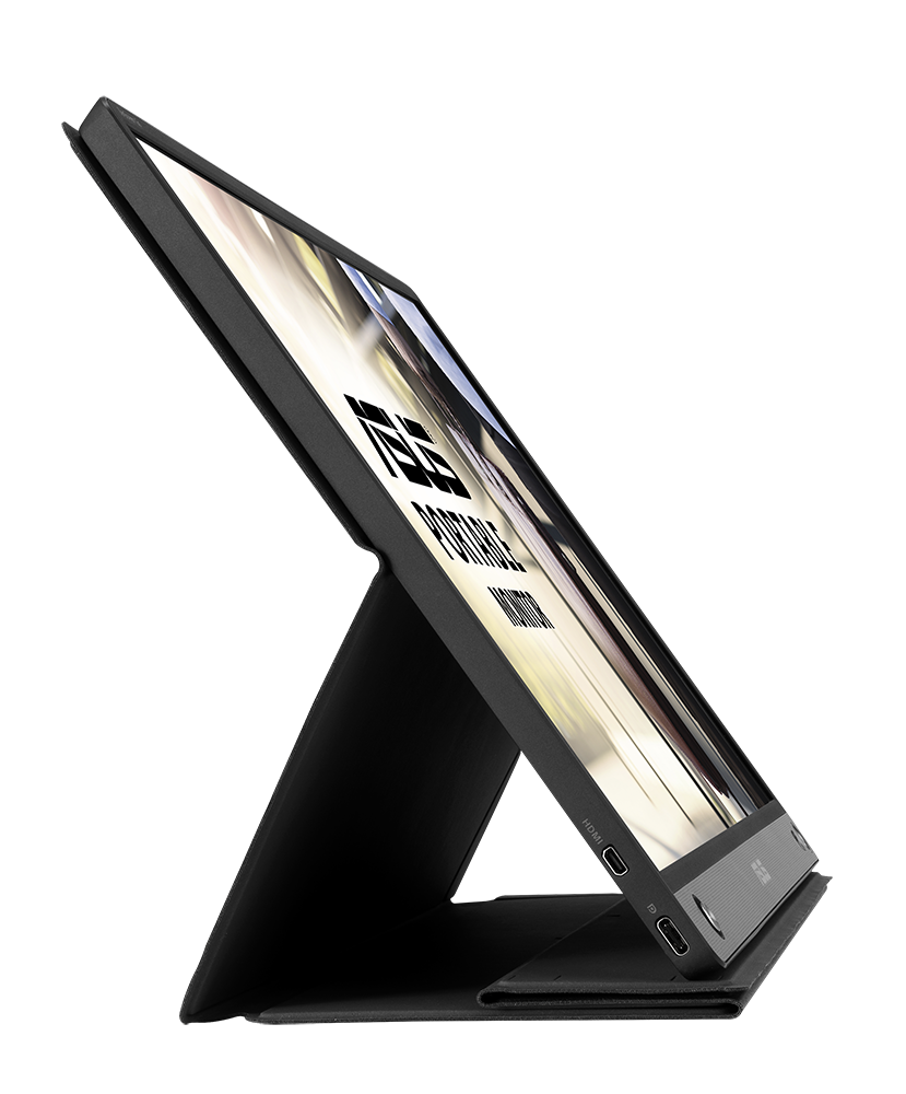 Black tablet with a stand, screen showing an image, angled view.