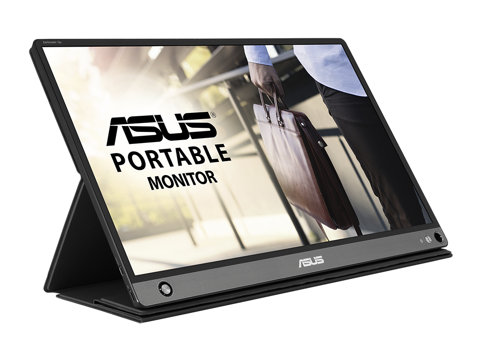 Asus portable monitor. A person holds a brown leather briefcase in the background. The monitor displays the Asus logo.
