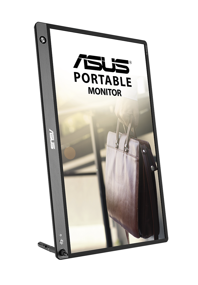 An Asus portable monitor, showing a person holding a bag.