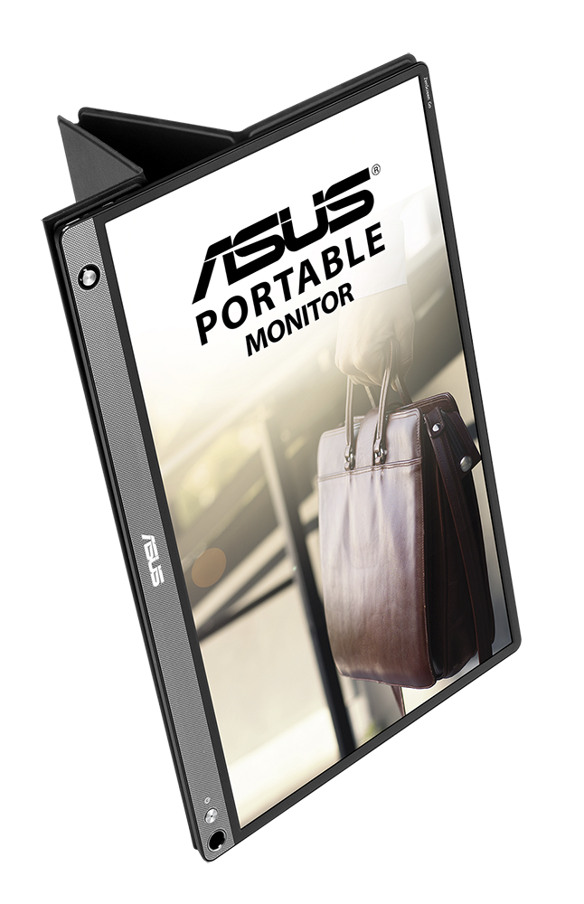 A portable monitor with an ASUS logo, displaying a briefcase image. The screen is set at angle.