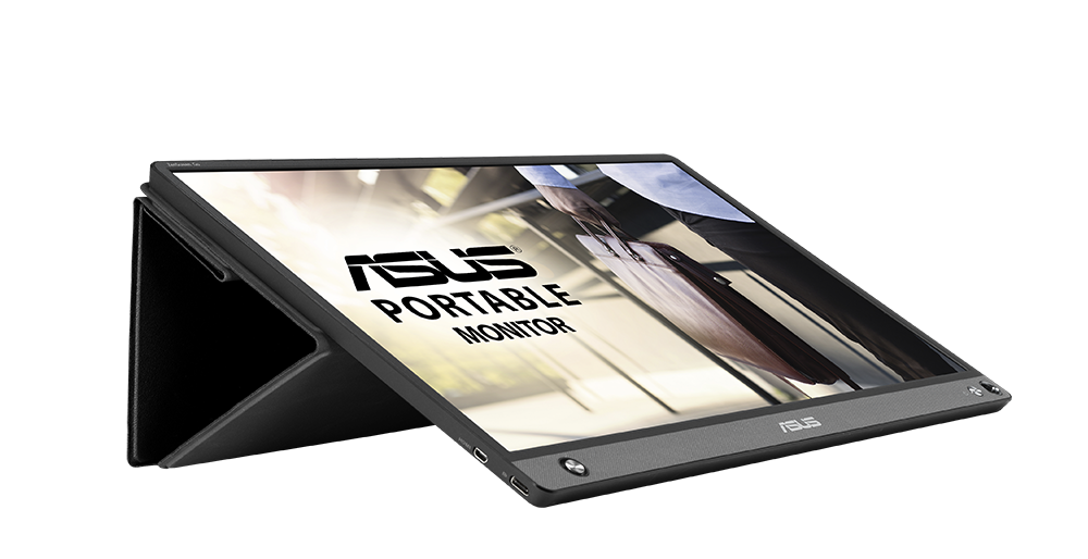 Black ASUS portable monitor, screen displays images, propped up on a stand.