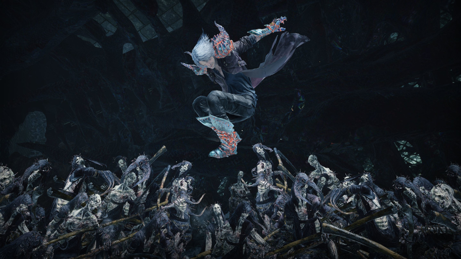 Un homme aux cheveux blancs saute par-dessus une horde de zombies dans une grotte sombre.
