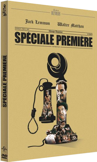 DVD-hoes met krantenthema en afbeeldingen van acteurs. Titel: Spéciale Première.