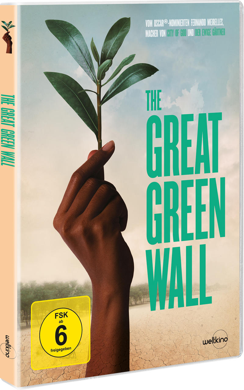 DVD-Hülle von The Great Green Wall, Hand hält Pflanze, Wüstenhintergrund.