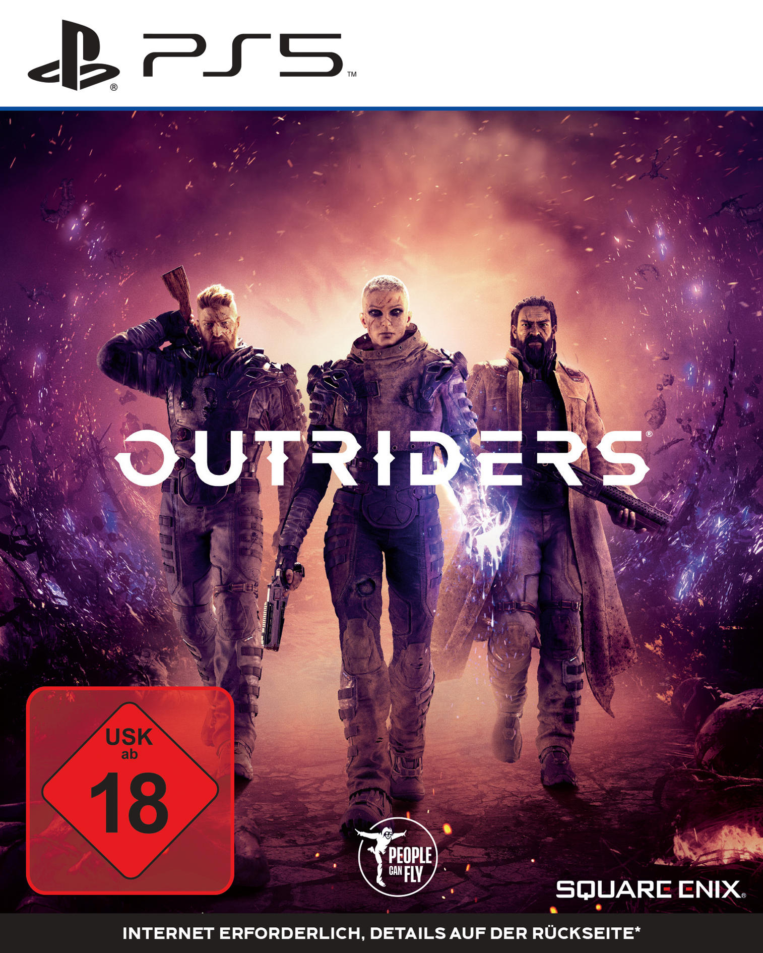 Spiel-Cover für Outriders. Drei Figuren in Rüstung stehen mit Waffen vor einem lilafarbenen Hintergrund.