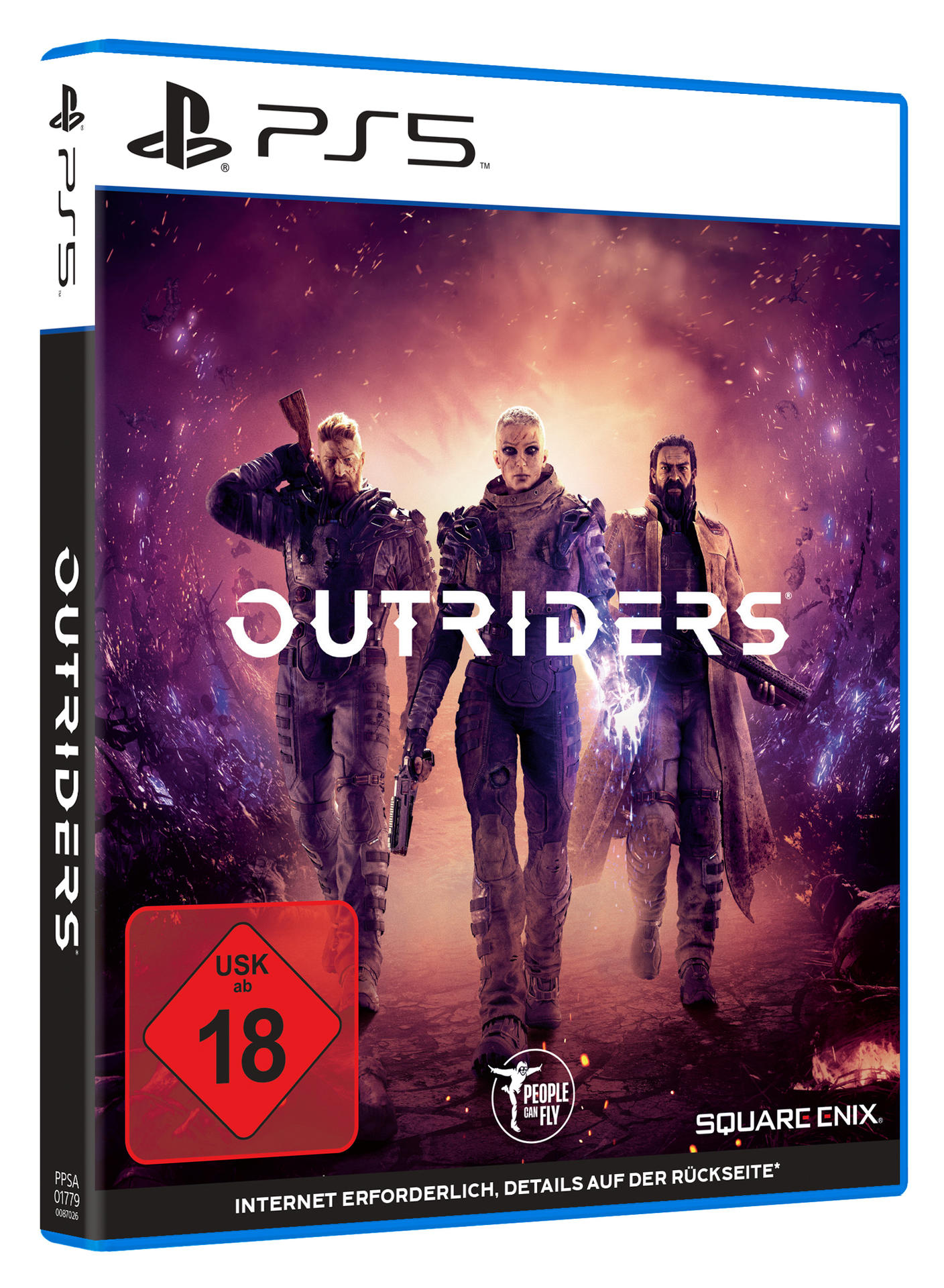 Videospiel-Box-Art. Drei Figuren gehen durch eine violette, leuchtende Landschaft. Das Spiel heißt Outriders.