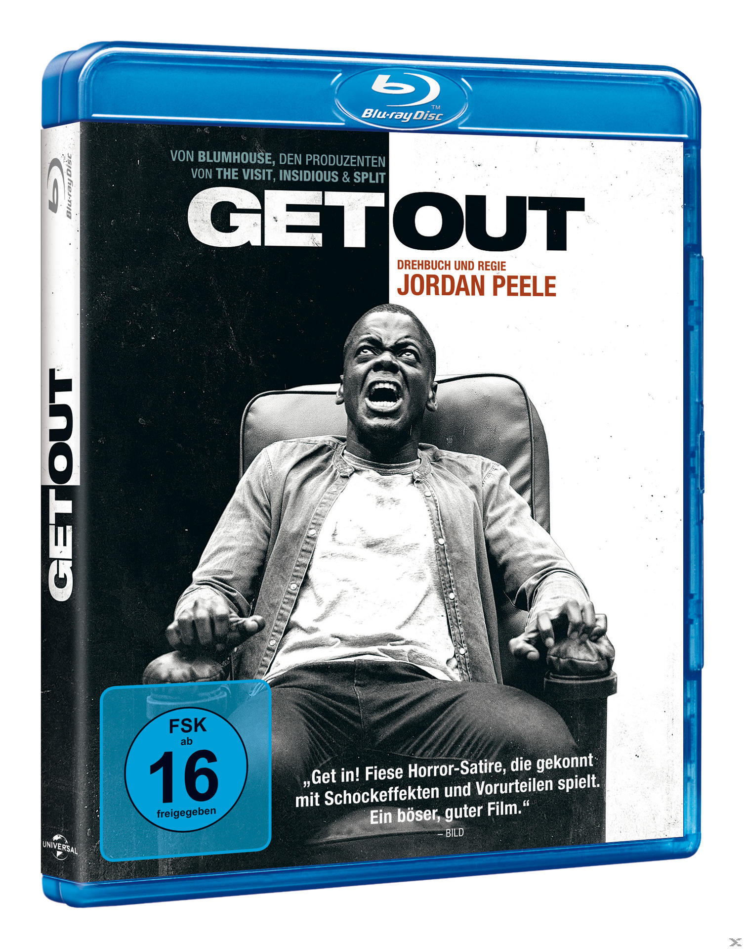 Blu-ray-Disc-Hülle für 'Get Out', mit einem Mann in einem Stuhl mit entsetztem Gesichtsausdruck.