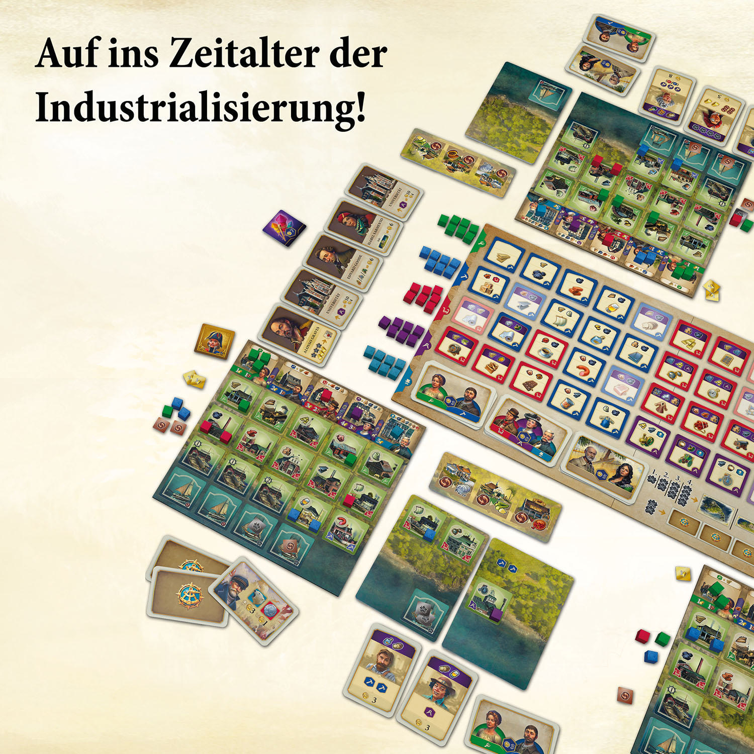 Brettspiel-Setup mit Karten und Holzfiguren, Text auf Deutsch.