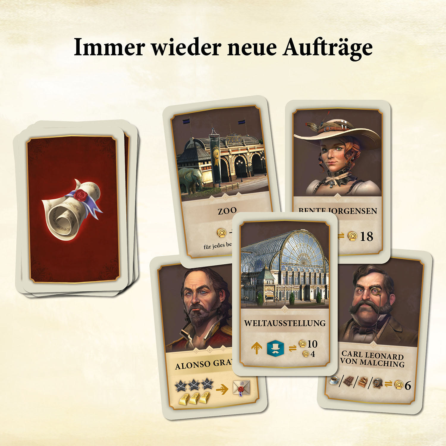 Brettspielkarten mit Gebäuden und Menschen.