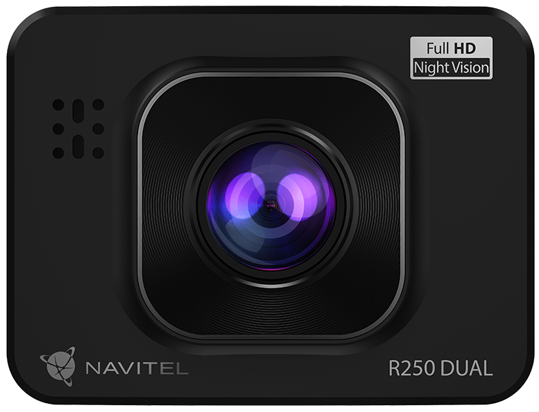 Fekete fedélzeti kamera lencsével és képernyővel. A Navitel és a Full HD Night Vision feliratok láthatók.