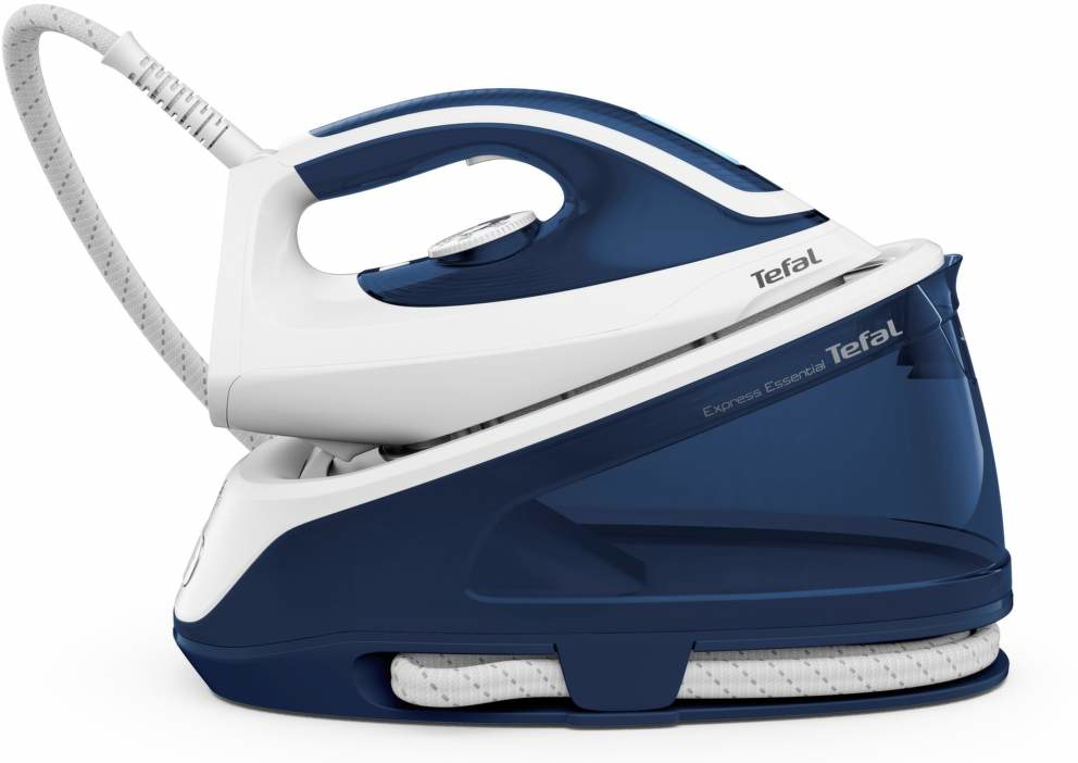Fehér és kék Tefal Express Essential vasaló, fehér kábellel az alján.