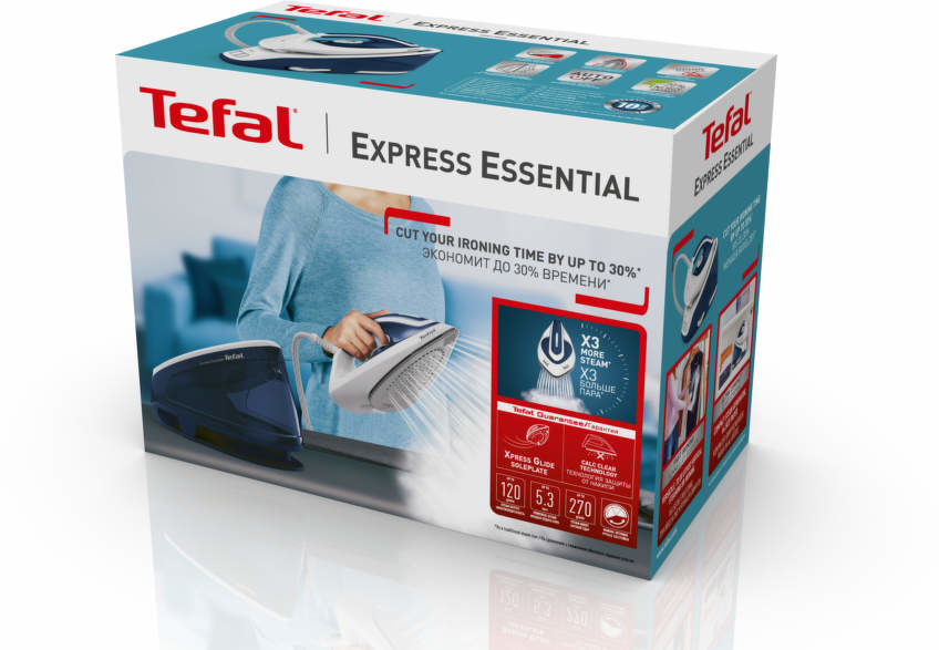 Tefal vasaló doboz. Nő gőzölve vasal. Vasaló, doboz funkciókkal és dizájnnal.