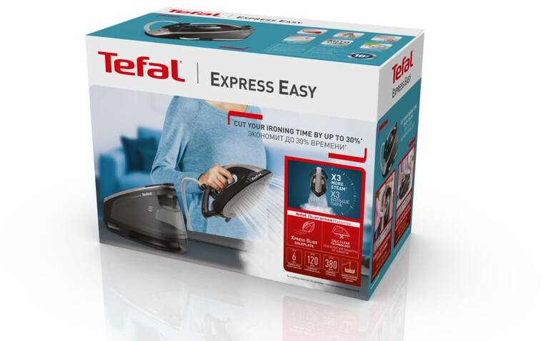Egy Tefal Express Easy vasaló doboza vasalóval és gőzzel. A dobozon egy nő és a vasaló látható.