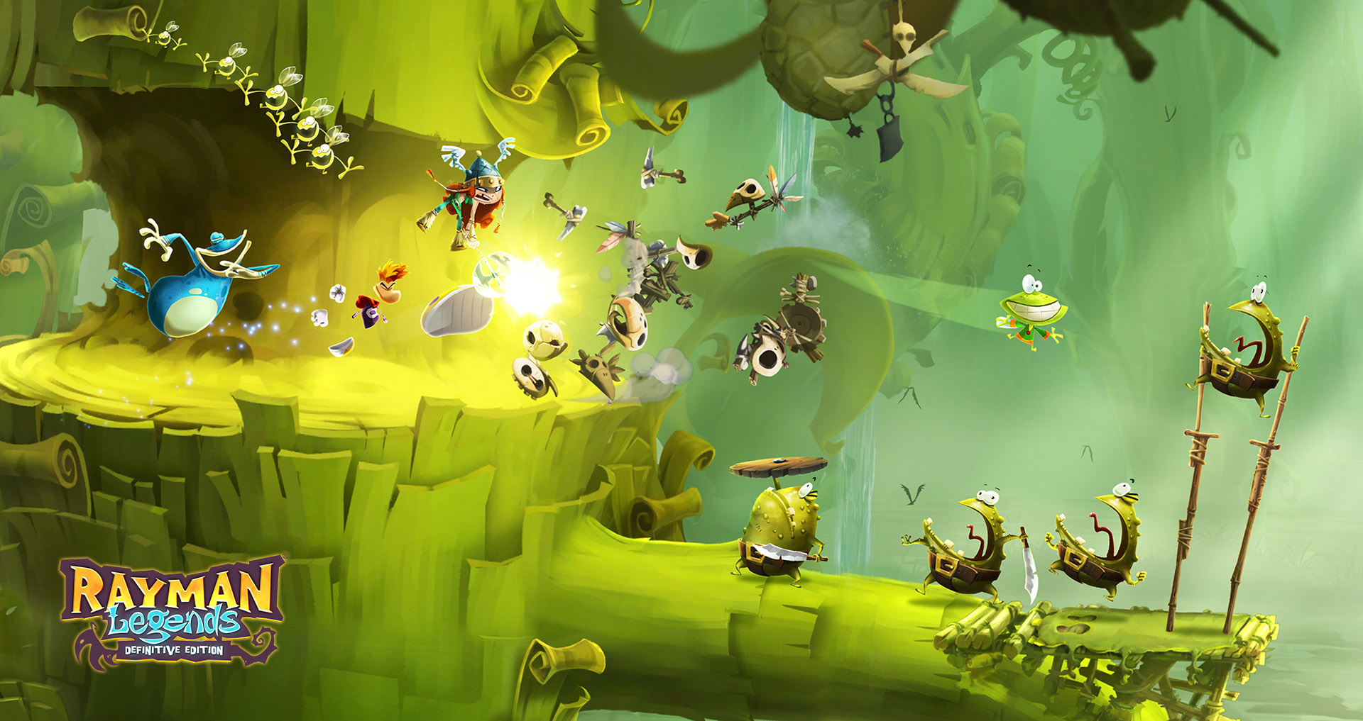 Eine farbenfrohe Videospielszenen mit Zeichentrickfiguren in einer surrealen, grünen Umgebung. Text: Rayman Legends.