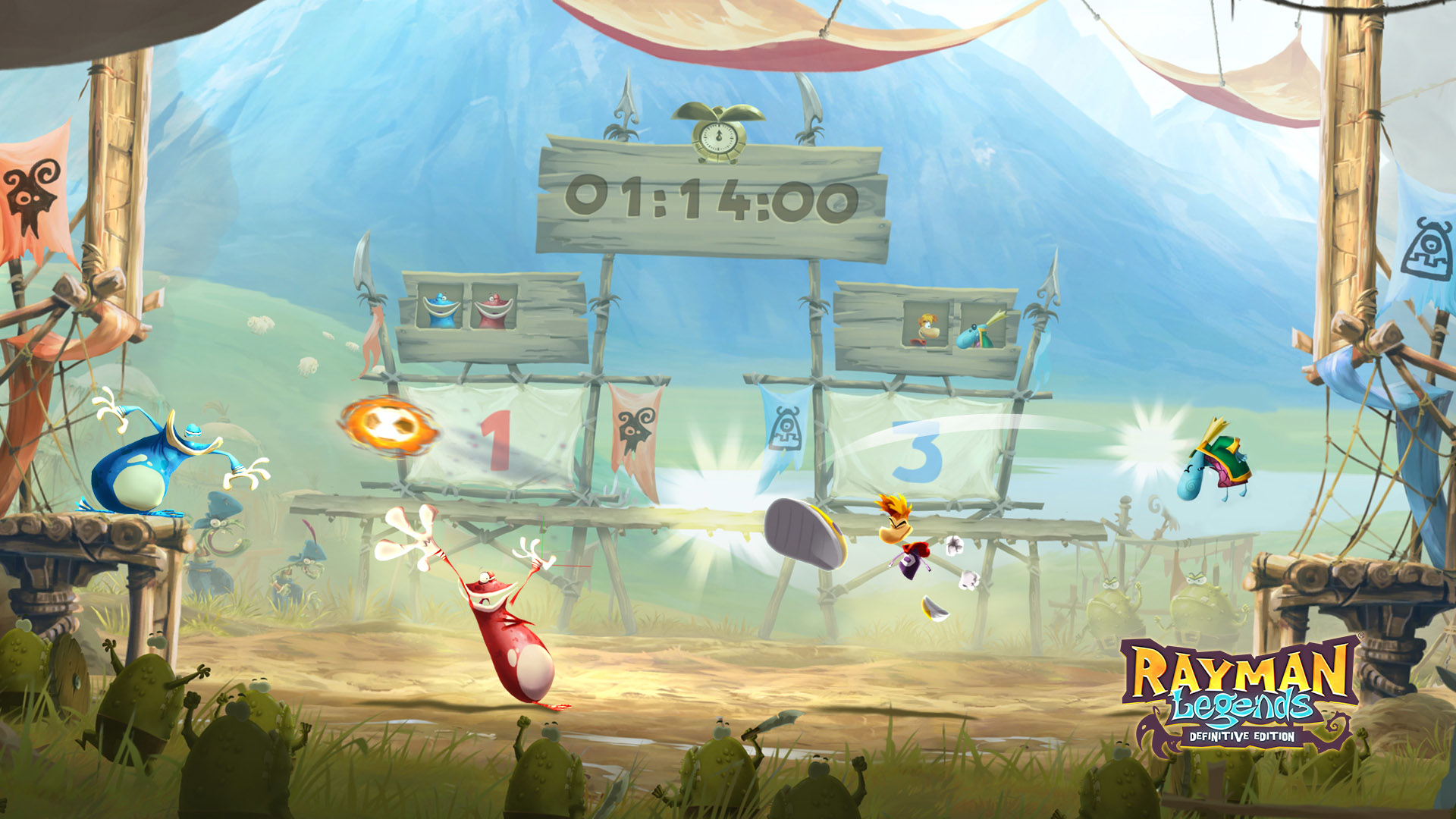 Videospiel-Screenshot von Rayman Legends. Charaktere in einer farbenfrohen Arena.