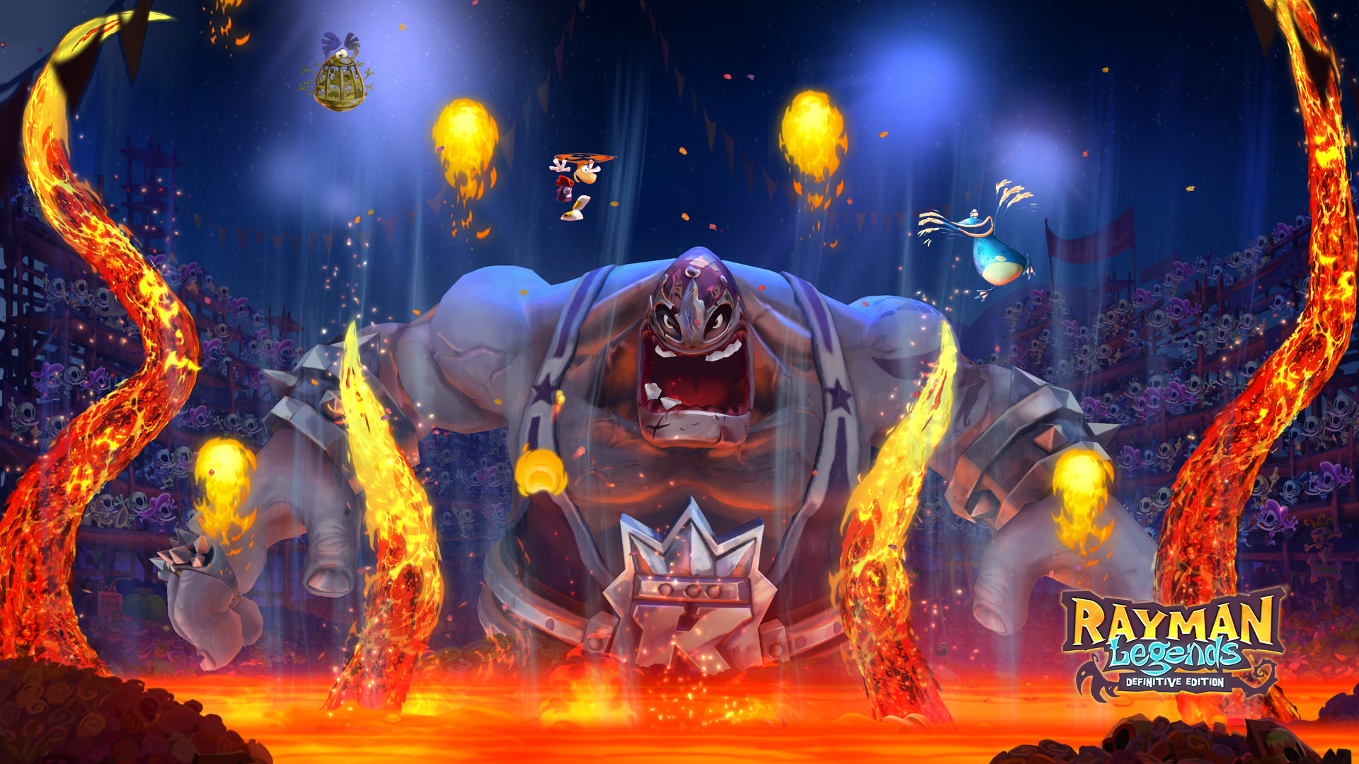 Eine Videospielszenen mit einem großen Monster in einer Arena mit Lava. Charaktere sind vorhanden.