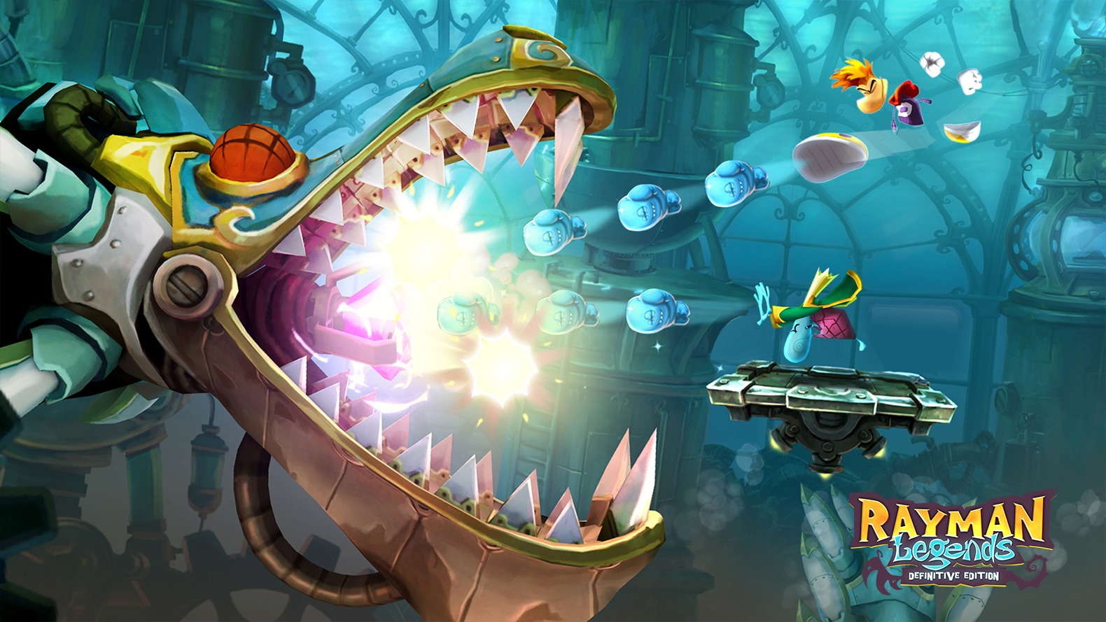 Rayman Legends Szene. Rayman & andere im Drachenmaul, schießen auf blaue Fische. Farbenfroh.