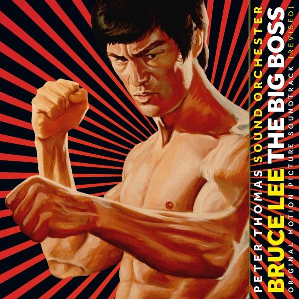 Bruce Lee-Illustration vom Soundtrack "The Big Boss". Er ist oberkörperfrei, in Kampfhaltung, mit roten und schwarzen Strahlen im Hintergrund.