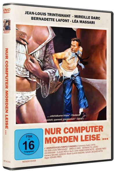 DVD-Cover: 'Nur Computer Morden Leise'. Zwei Frauen, Mann, Pistole, deutscher Text.