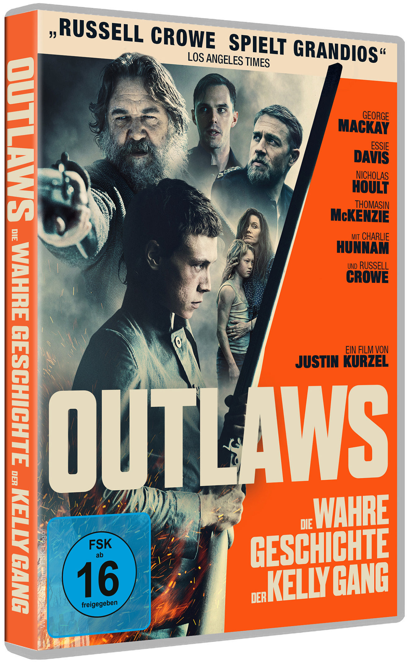 DVD-Hülle für Outlaws. Zeigt eine Gruppe von Leuten und einen Mann mit einer Waffe. Orange und Weiß.