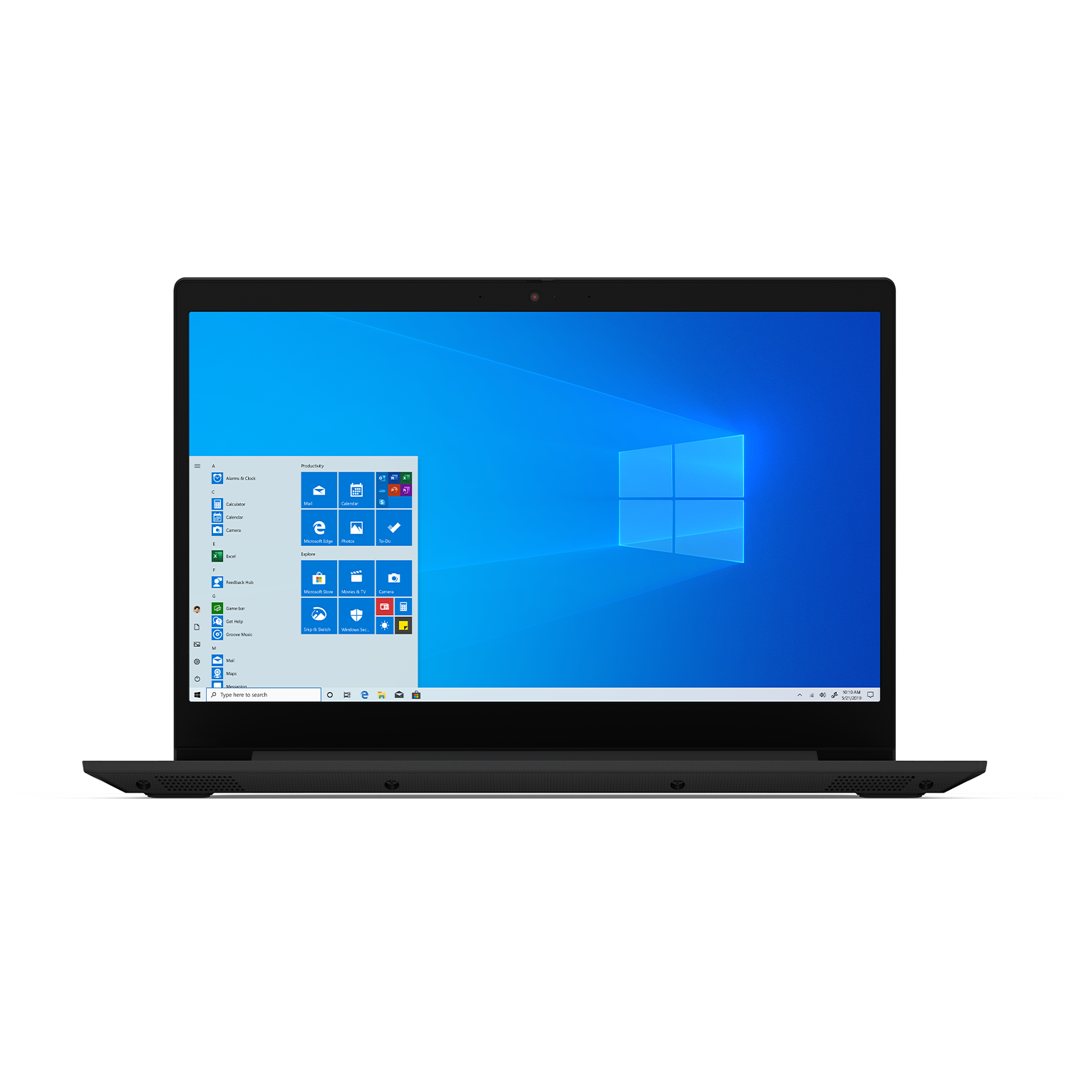 Laptop negro con pantalla de Windows abierta sobre fondo blanco.