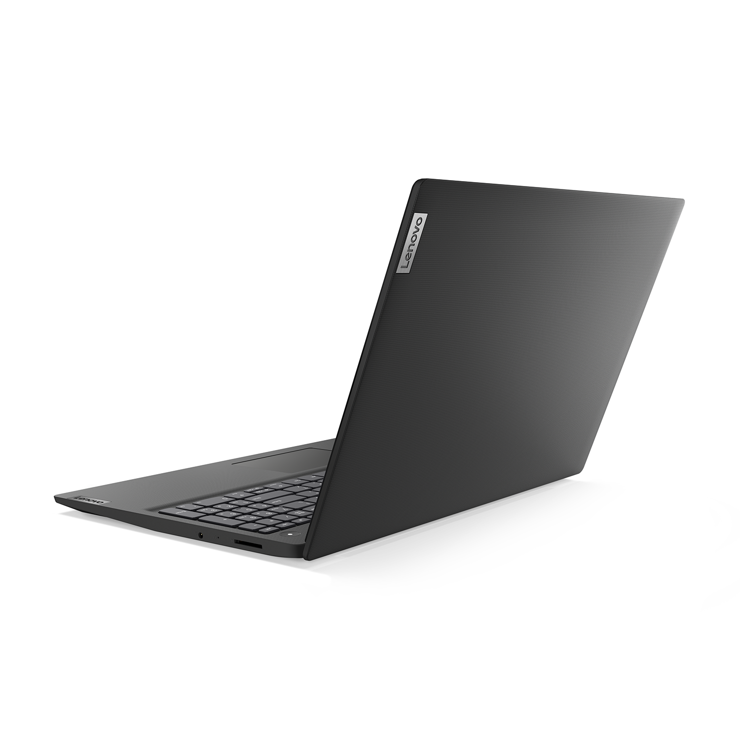 Portátil Lenovo negro, abierto, en ángulo hacia la derecha. Teclado visible, logo Lenovo en la tapa. Fondo blanco.