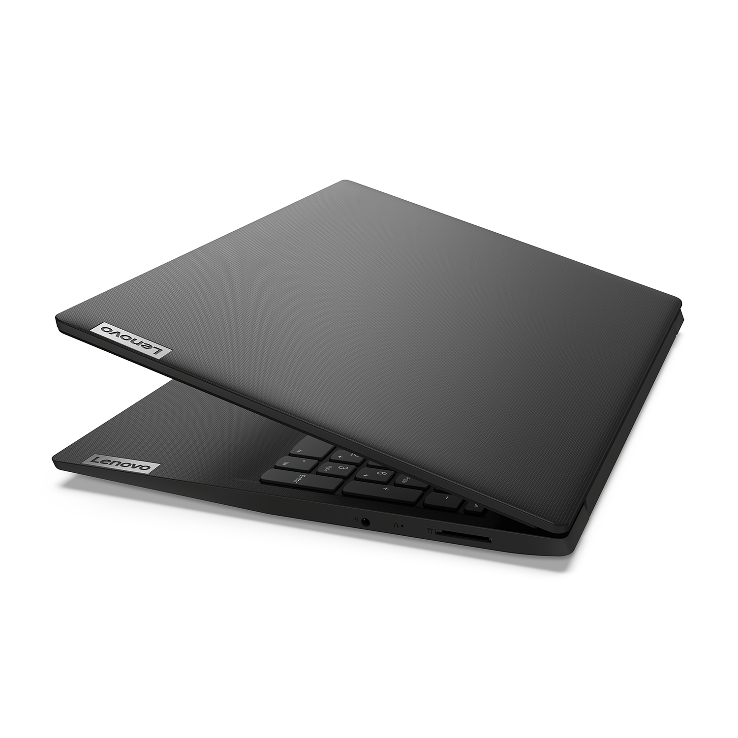 Una computadora portátil negra con la pantalla parcialmente abierta, mostrando un teclado negro.
