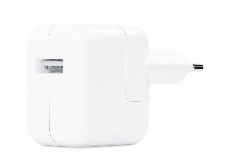 White Apple charger. USB port on the front. A plug on the right side.