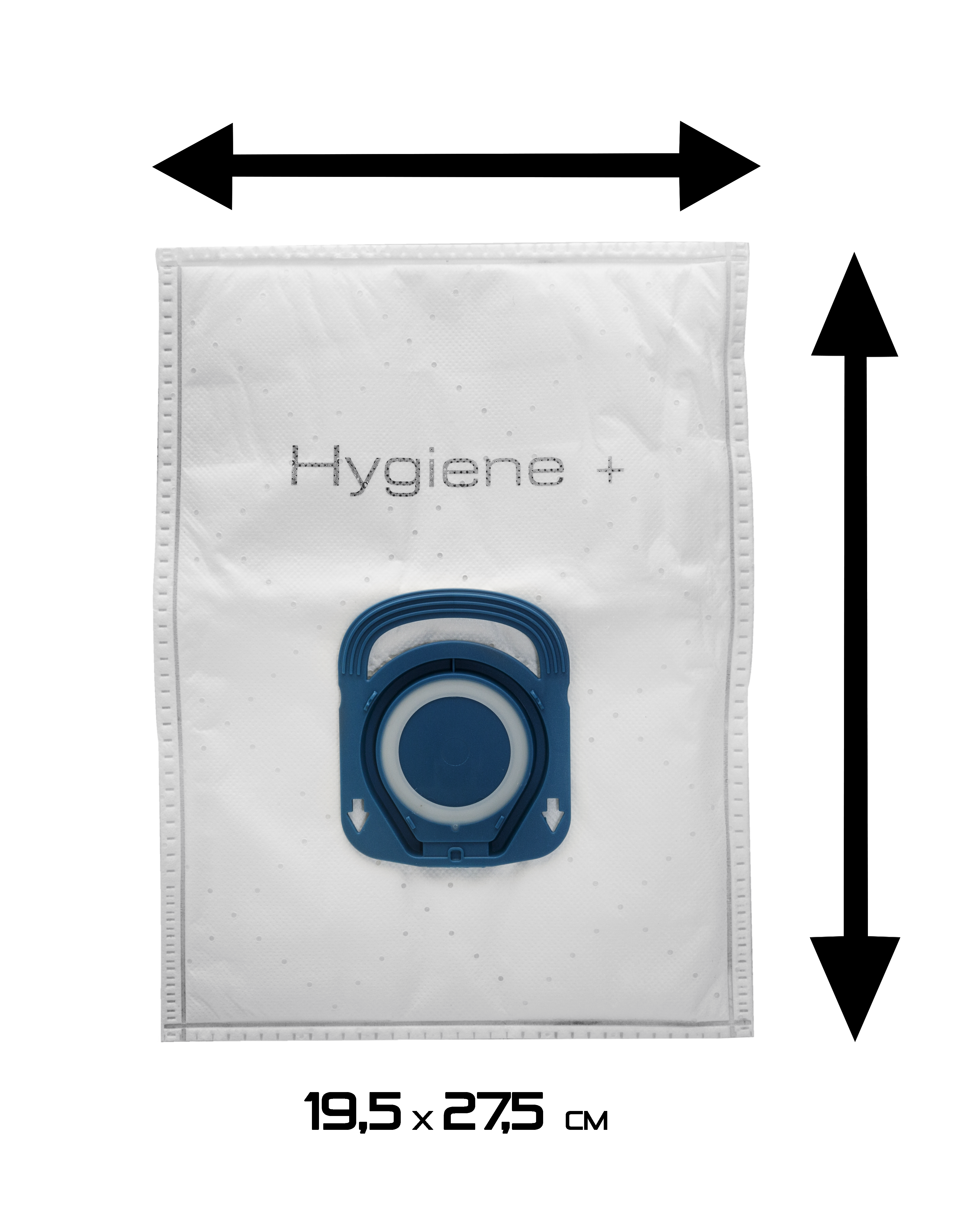 Staubsaugerbeutel mit 'Hygiene +'-Text, Abmessungen in cm angegeben.