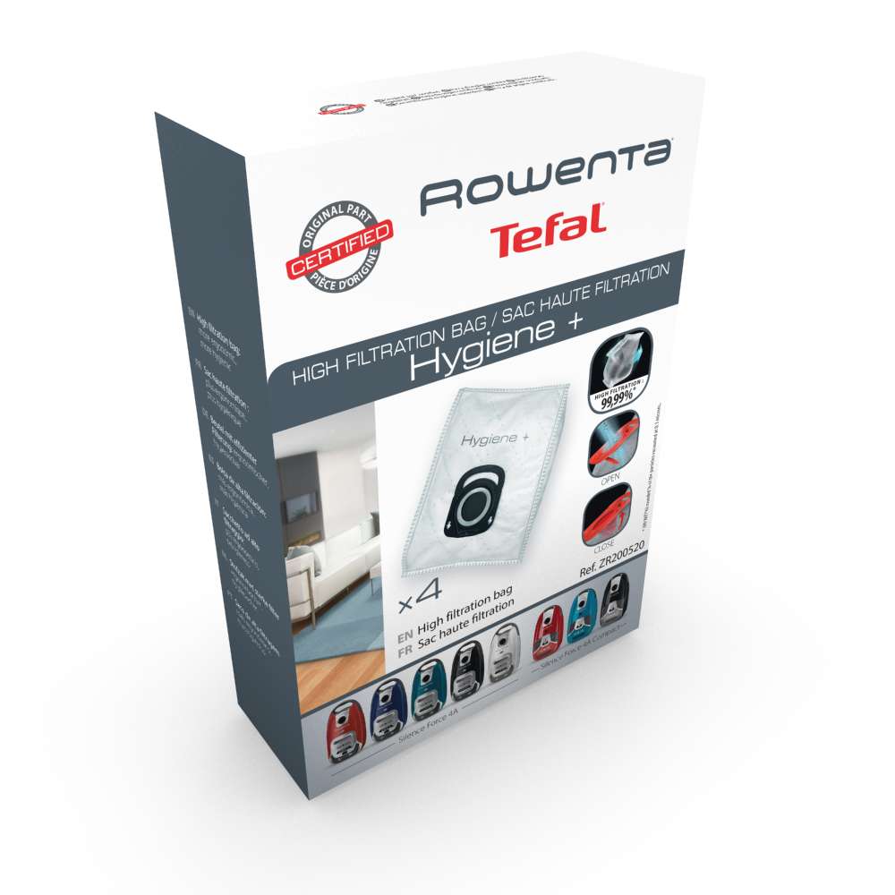 Eine Schachtel mit Rowenta Tefal Hochfiltrationsbeuteln für Staubsauger.