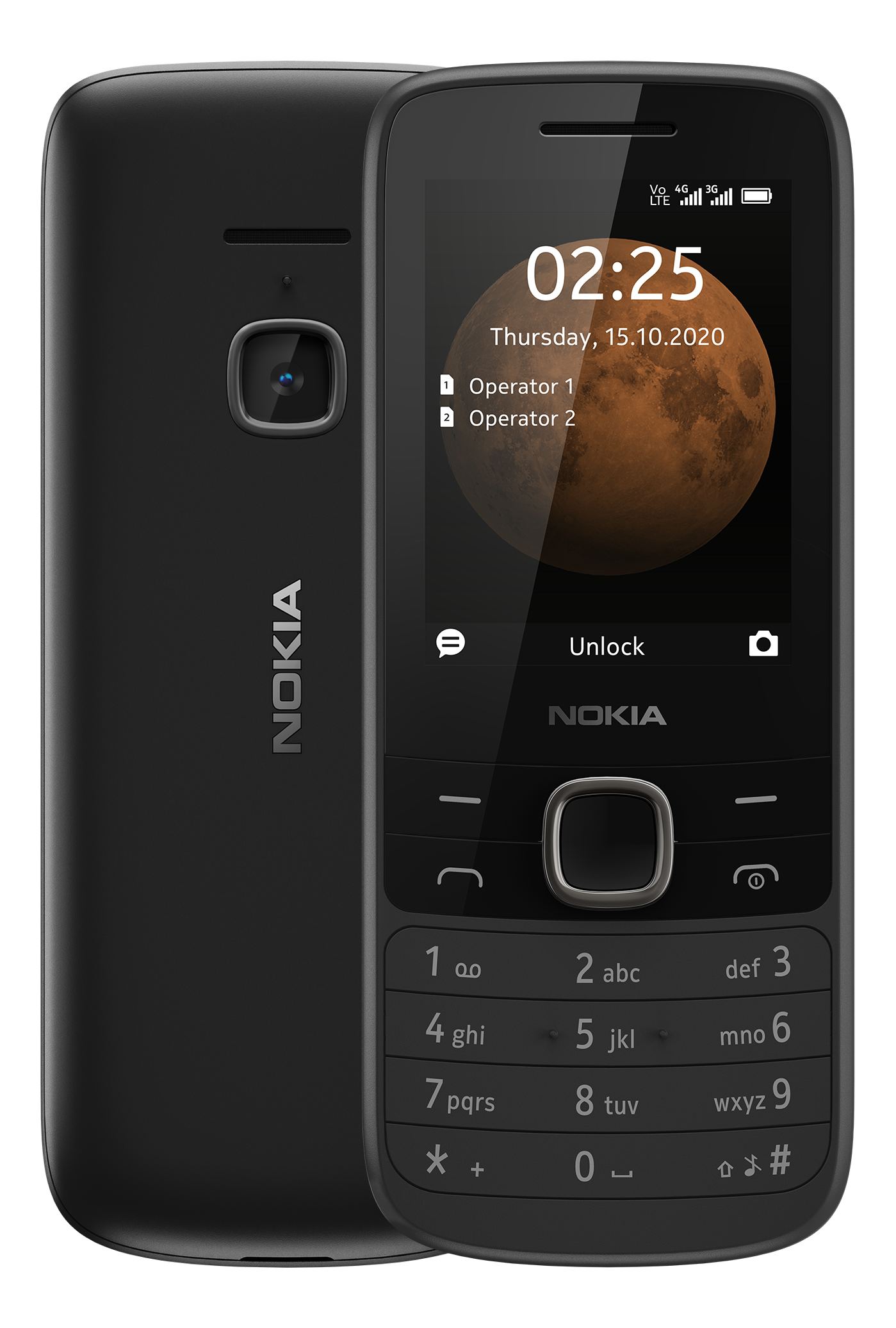 Telefono Nokia nero con fotocamera e schermo che mostra l'ora e la data.