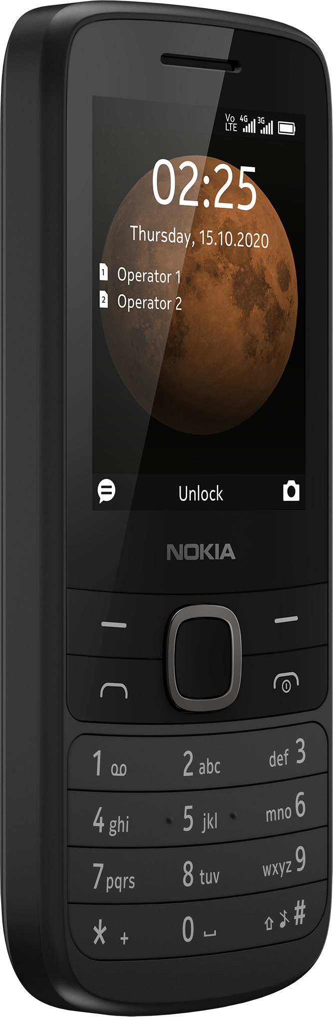 Un telefono Nokia nero con uno schermo che mostra l'ora, la data e due notifiche dell'operatore.