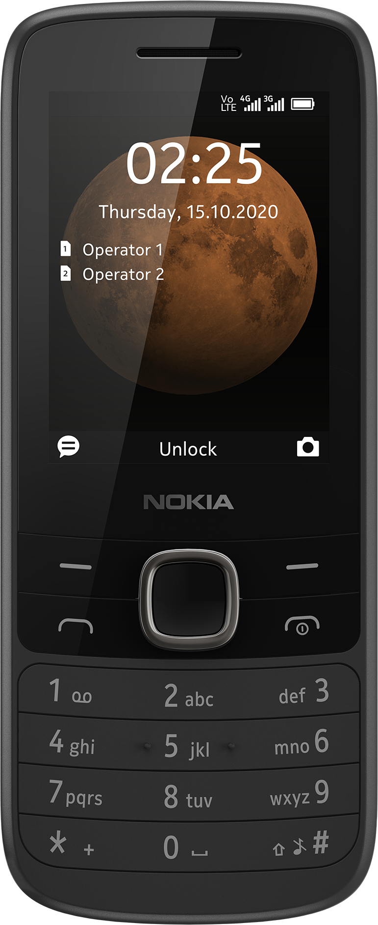 Un telefono Nokia nero che mostra l'ora e un'immagine lunare.