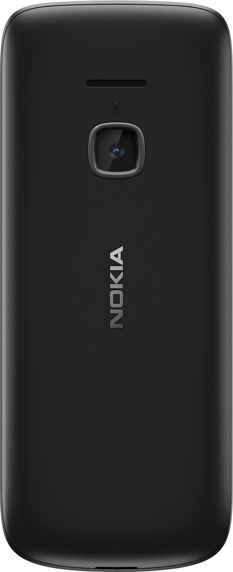 Retro del telefono Nokia nero. Presenta fotocamera, flash e logo Nokia. Il telefono è elegante e moderno.