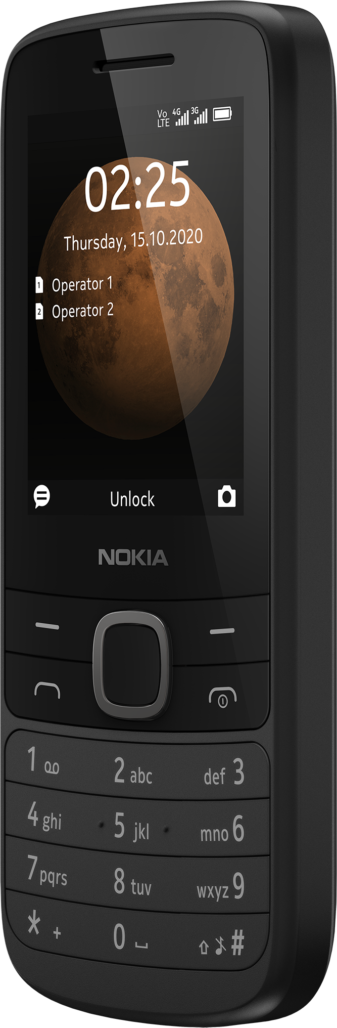 Telefono Nokia nero con uno schermo che mostra l'ora e la data. La tastiera è visibile.