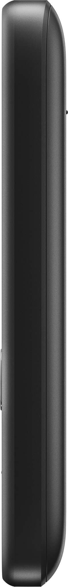 Vista laterale di uno smartphone nero. Il telefono è elegante e ha un pulsante di accensione sul lato.