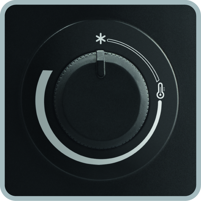 A black refrigerator temperature control knob. It has a dial with markings for coldness. The knob is turned to adjust the temperature.