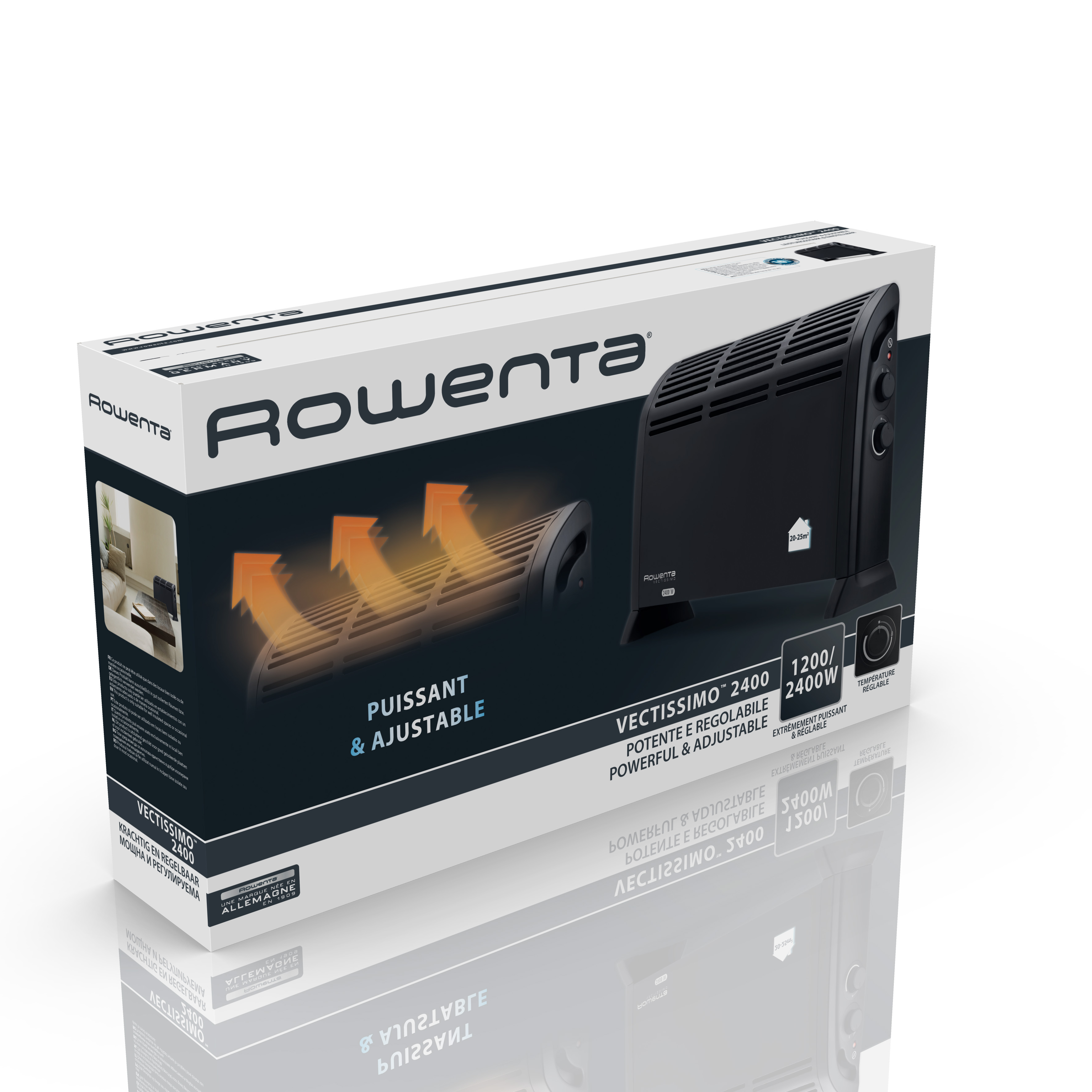 Box with a black heater. Rowenta logo and product details are visible. Reflective surface below the box.