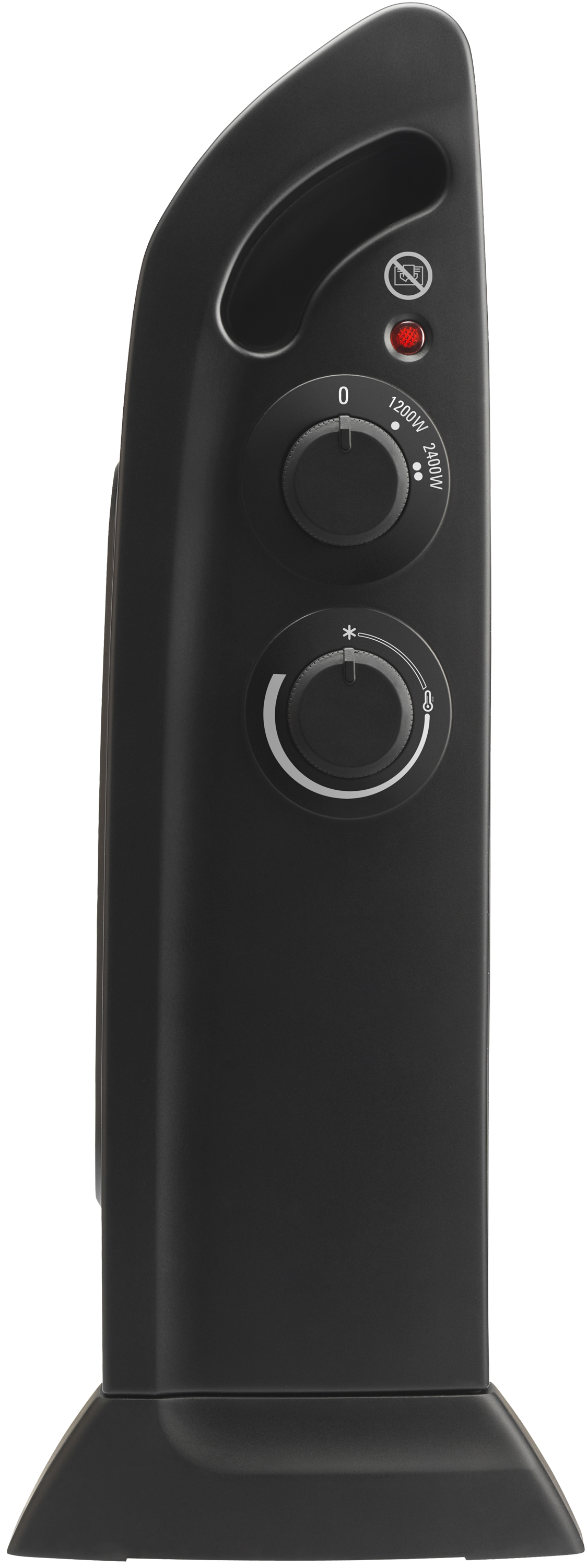 Black electric heater with two control dials, power indicator light, and a handle. White background.