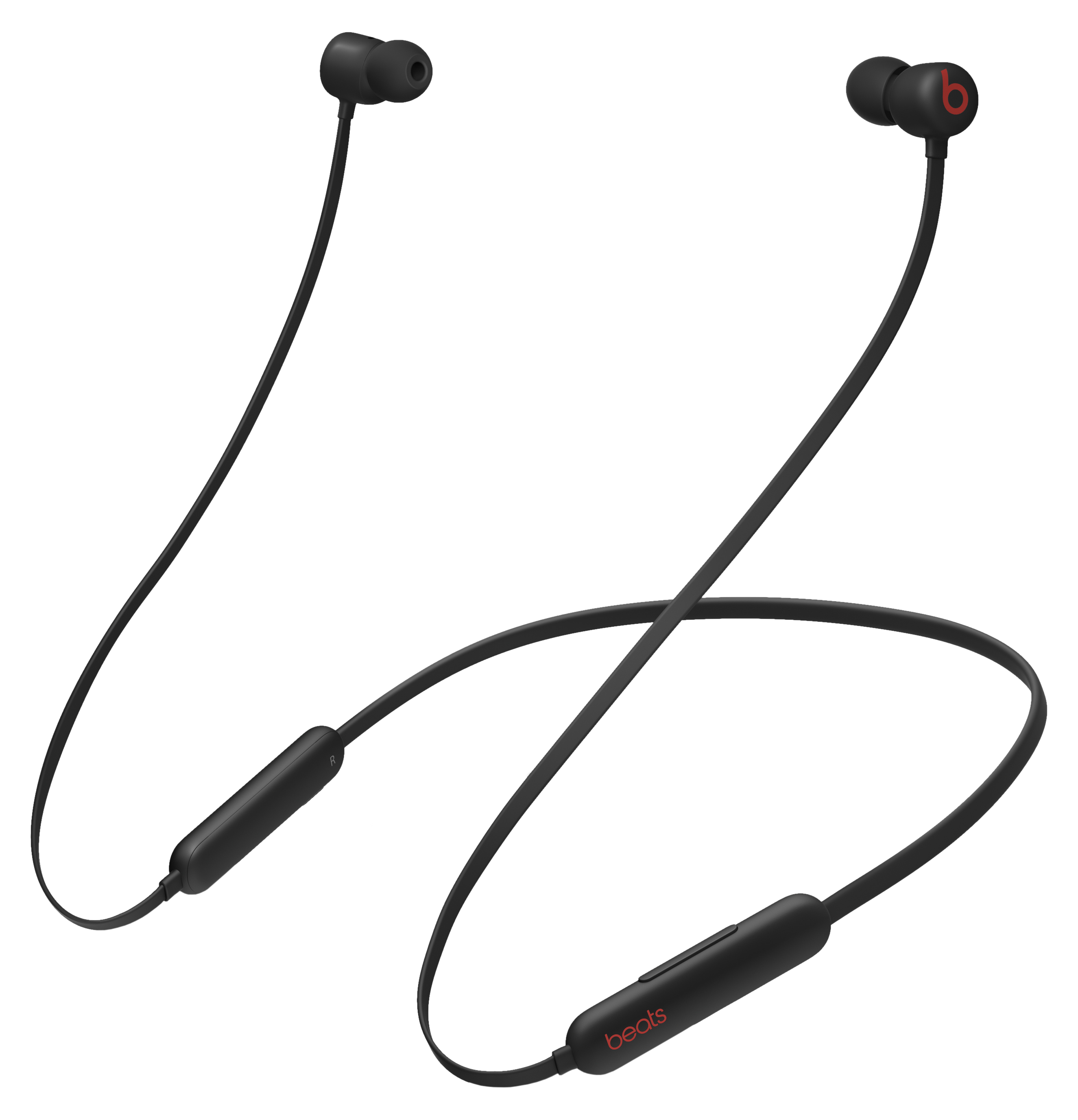 Schwarze Beats-Kopfhörer. Sie haben ein Kabel, das die beiden Ohrhörer und ein Bedienelement verbindet.
