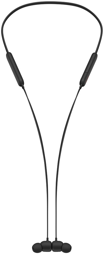 Schwarze Nackenbügel-Kopfhörer mit Kabel, das die Ohrhörer verbindet. Weißer Hintergrund.