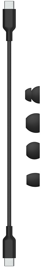 Schwarzes USB-C-Kabel mit zwei USB-C-Anschlüssen und vier Ohrstöpseln.
