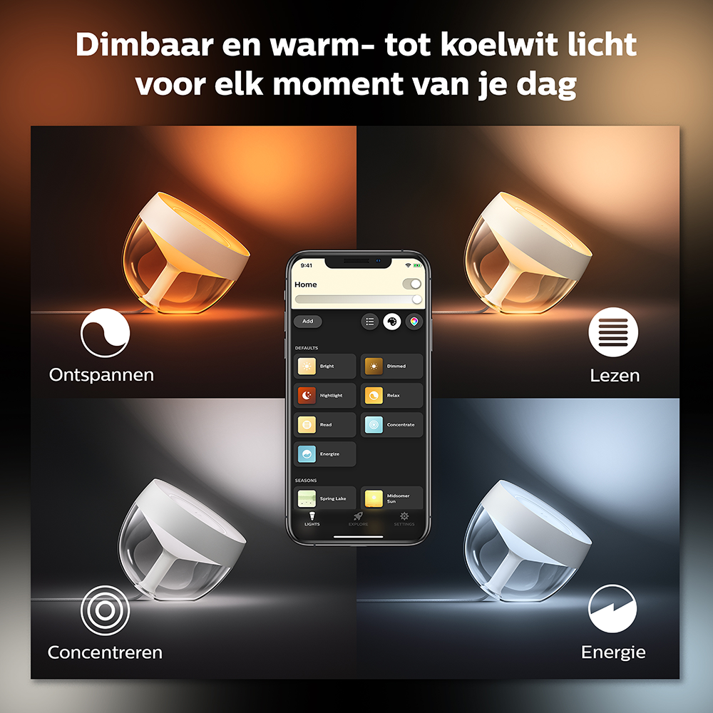 Diagram showing smart lighting options with an app interface.