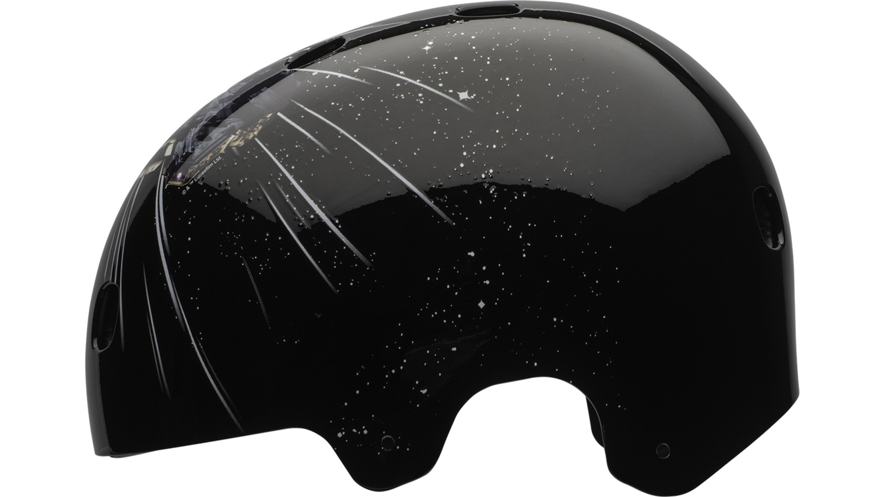 Ein schwarzer Fahrradhelm mit einem Design aus Sternen und einer Vogelsilhouette.