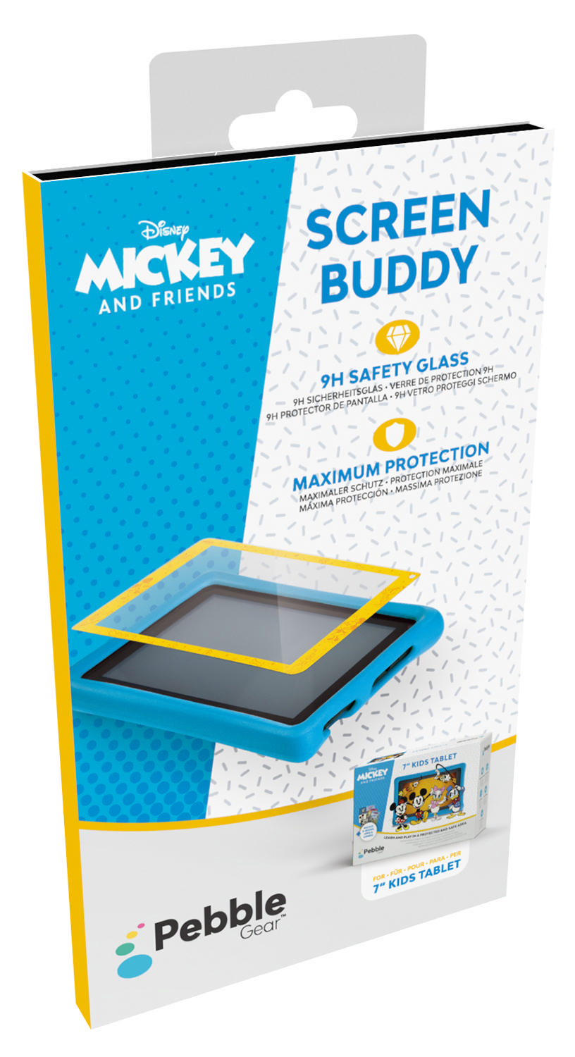 Verpackung mit Displayschutzfolie für ein Tablet mit Micky Maus.