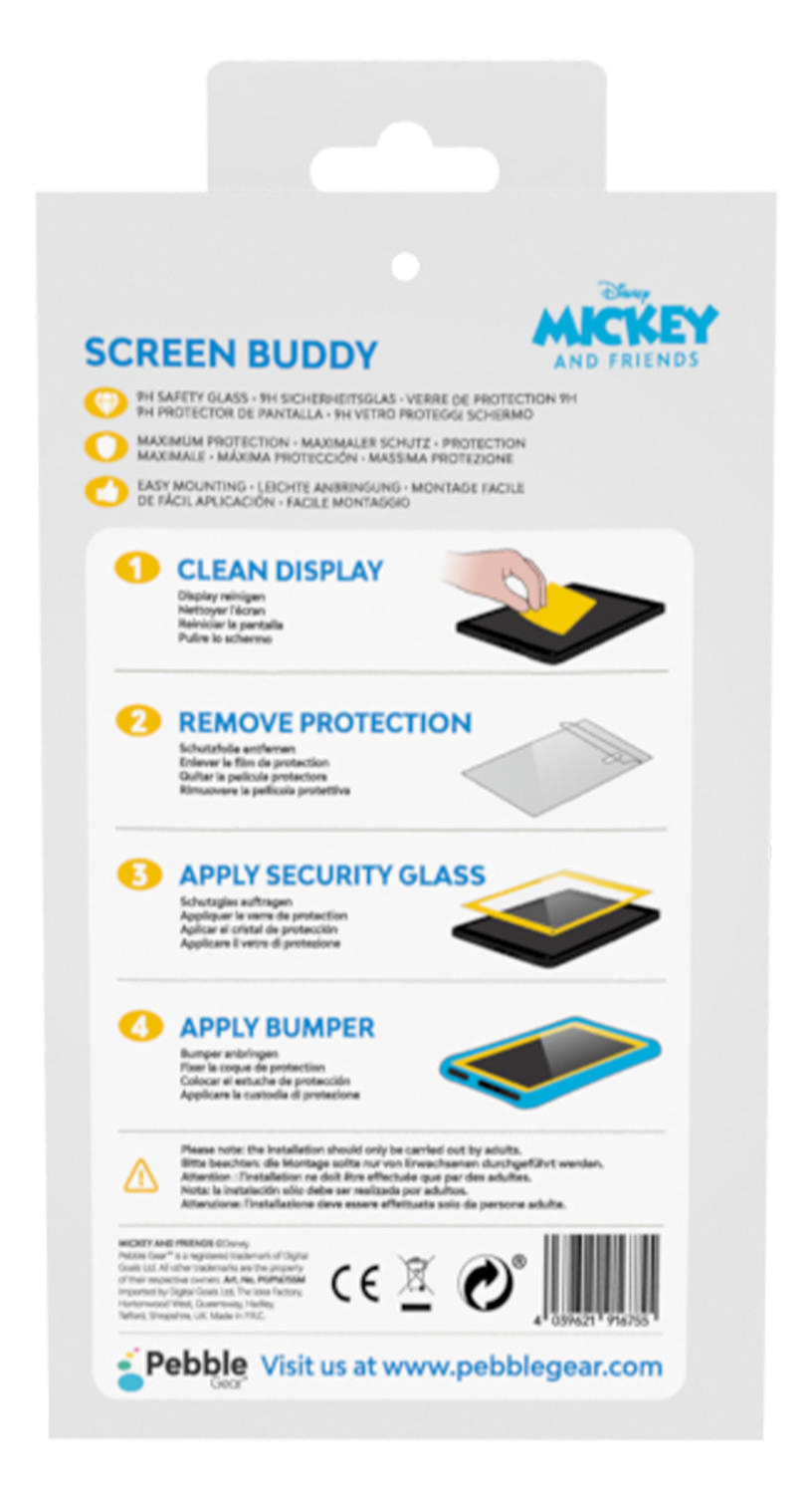 Screen Buddy Verpackung mit Anweisungen auf weißem Hintergrund.