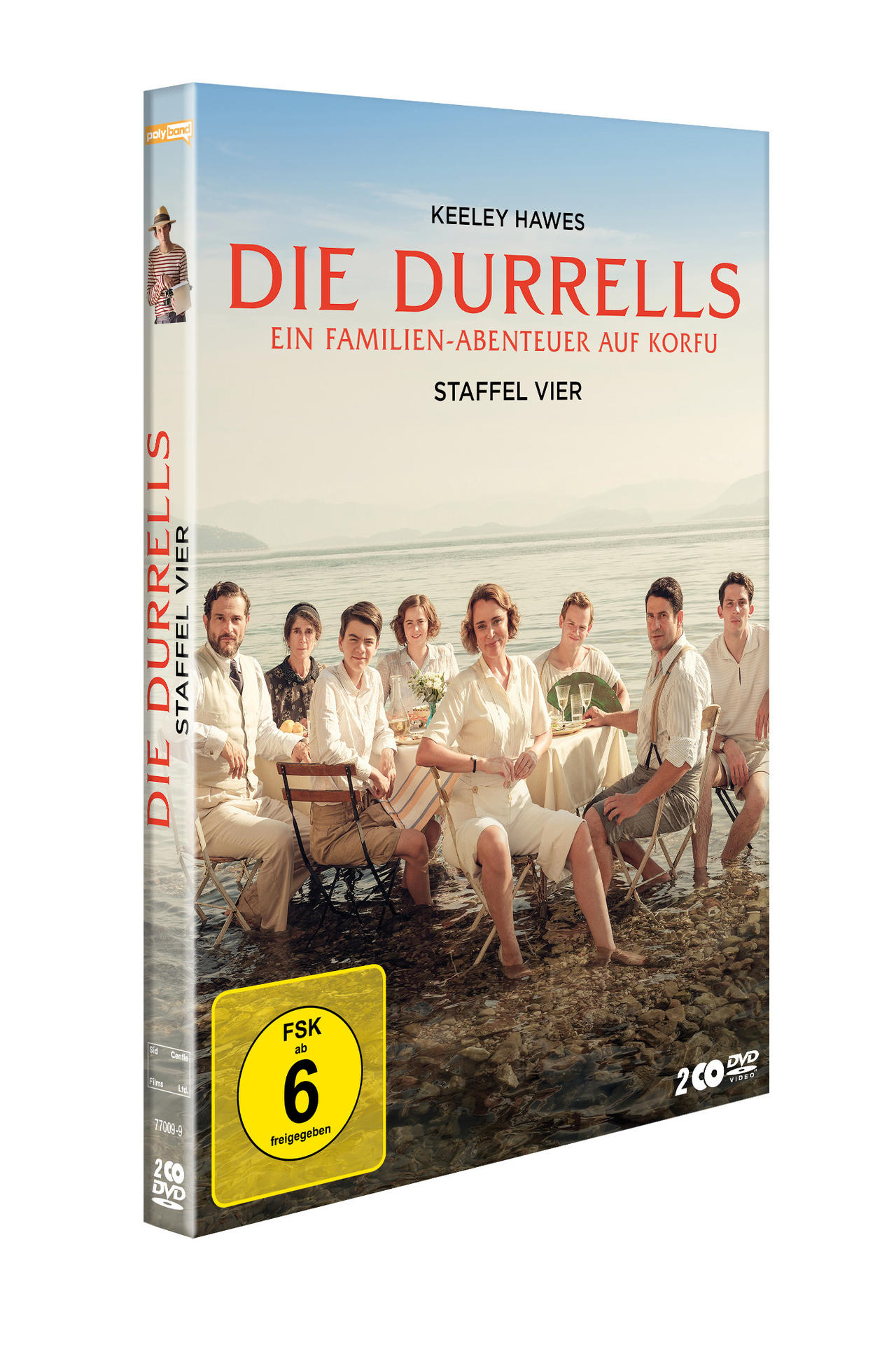 DVD-Hülle für The Durrells. Menschen sitzen am Wasser. Grün und Weiß mit blauem Himmel.